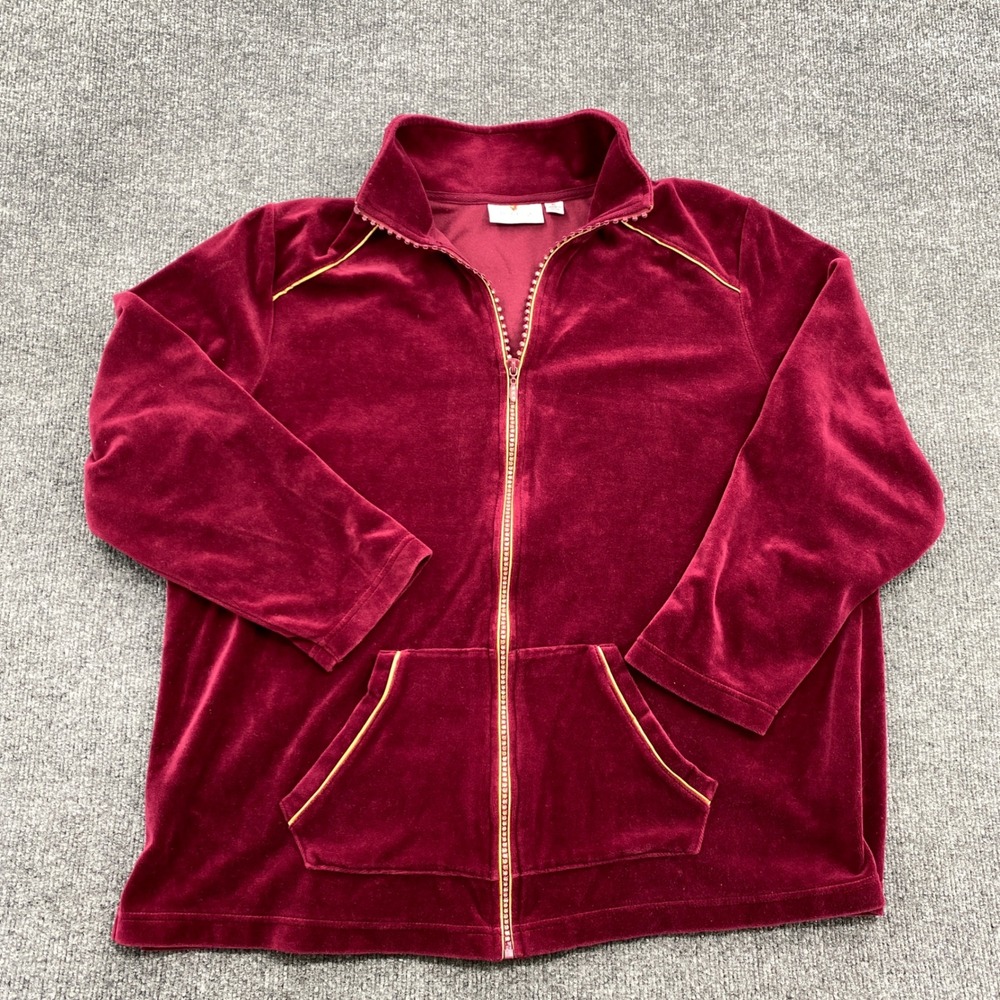 Quacker Factory Velour Zip Up Jacket XL Burgundy Gold‎ Rhinestone Coquette